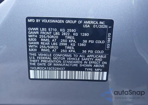 2025 Volkswagen Atlas 2.0T Se W/Technology from USA, damaged, VIN 1V2JR2CA1SC526437